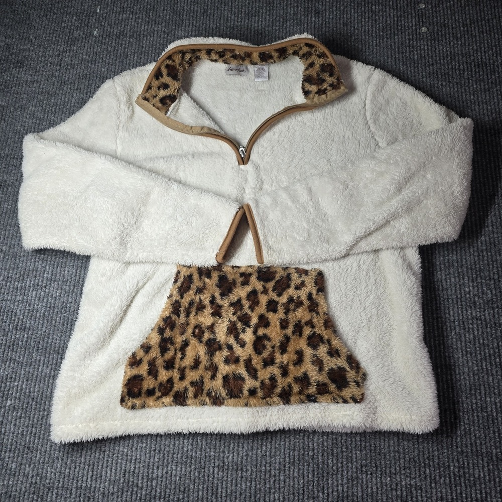 Le Moda Cracker Barrel Womens Leopard Colorblock Sherpa 1/4 Zip Pullover XL